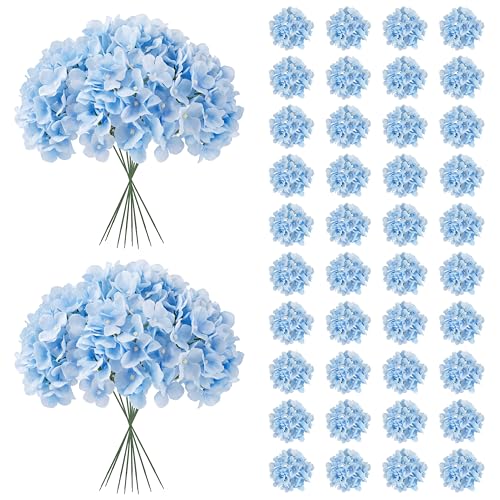 JPSOR 40pcs Artificial Hydrangea Silk Flower Heads with Stems, Fake Flowers for Wedding Centerpiece Home Garden Party Decoration (Blue)