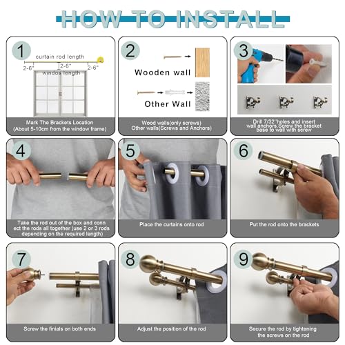 Antique Bronze Double Curtain Rods 36-72 Inch,1’’Front and 5/8’’Back Double Drapery Rod with Small Round Ball and Aluminum Brackets, Adjustable Dual Window Rod for Sheer/Blackout Curtains