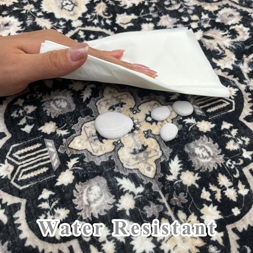Small Washable Runner Rugs for Entryway: Kitchen Mats Vintage Throw Carpet 2x4 Black Beige - Non-Slip Stain and Water Resistant Soft Low-Pile Thin Rug for Hallway Bathroom Bedroom