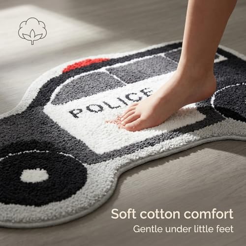 Hand Tufted Police Car Bedroom or Bathroom Rug - 30x20 in; 100% Cotton Kids Bathroom Mat; Decorative Kids Area Rug