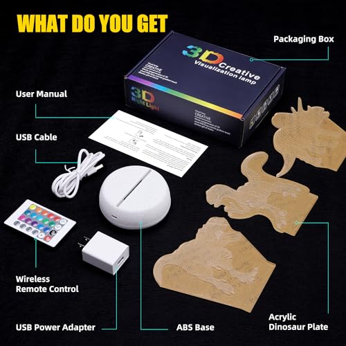 Dinosaur Night Light - 3D Acrylic 16 Color Changing Lamp with 3 Dino Patterns Remote Control, Kids Gift for Birthday Christmas