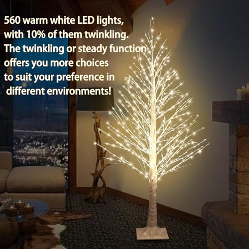 5FT Lighted Birch Tree, 560 LED Warm White Lights | Twinkle lighting effect, Built-in timer, Indoor outdoor display, Warm white festive glow, Wedding and Christmas decor
