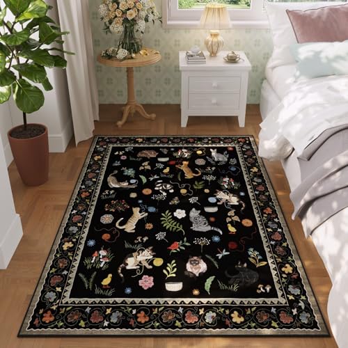 Rugcomf Area Rug 3x5 Washable Non Slip Floral Animal Cat, Black