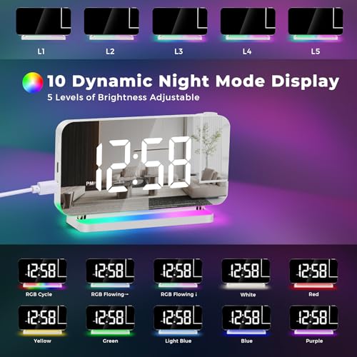 Projection Clock, 7.4" LED Mirror Digital Alarm Clocks, with RGB Night Light, 180° Rotatable Projector,USB C Charger Port, Auto Dimmer, Modern Desk Clock for Teens Girl Adults Bedroom - White