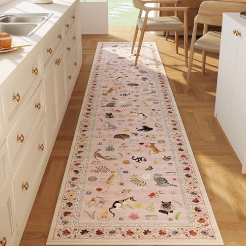 Rugcomf Runner Rug 2x10 Washable Non Slip Floral Animal Cat, Pink