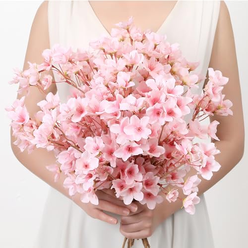 SITUMEIZI 6Pcs Artificial Cherry Blossom Branches Decor Fake Flowers Silk Spring Faux Flowers 16" Peach Bouquet for Home Wedding Bedroom Japanese Decoration DIY Table Centerpiece Arrangement(Pink)