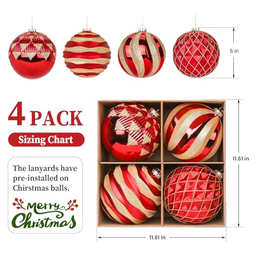 Alupssuc 6''/150mm Large Christmas Ball Ornaments, 4Pcs Christmas Tree Decor, Shatterproof Hanging Decorations with Hooks, Red & Gold Baubles for Xmas Tree, Wedding, Holiday and Party Decor