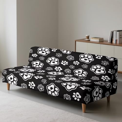 Paws Heart Print White Black Stretch Futon Cover with Elastic Bottom Armless Futon Mattress Cover Dustproof Cozy Couch Covers Scratch Resistant Sofa Bed Slipcover