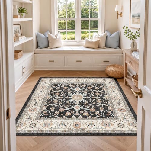 3x3 Square Entryway Rug Washable – Non-Slip Small Area Rug for Kitchen Bathroom Bedroom Soft Stain Resistant Low-Pile Indoor Mat Durable Easy Clean Carpet for Entrance Floor Decor - 3' Square Black