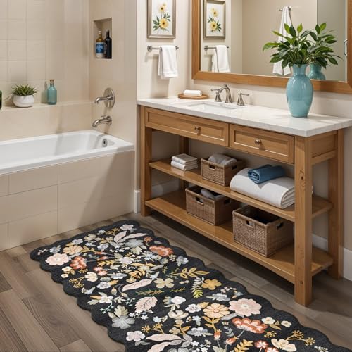 2x8ft Scalloped Hallway Runner Rug – Non-Slip Washable Boho Floral Carpet Runner for Kitchen, Bathroom, Bedroom & Entryway – Soft Low-Pile Thin Rug with Rubber Backing (Black, 2x8)