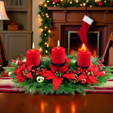YULETIME 28" Christmas Triple Candelabrum, Poinsettia, Baubles, Red Berries