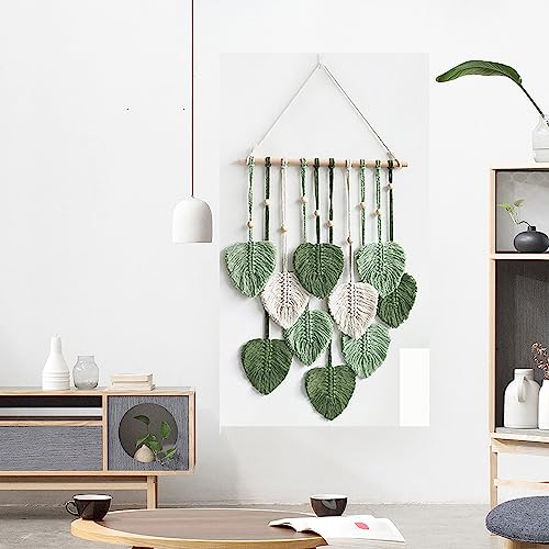 MSFENG Wall Hanging Decor Leaves Tapestry Boho Wall Decor Woven Feather Handmade Yarn Tassels Woven Wall Art Decorations for Nursery, Bedroom, Living Room, Apartment Home Backdrop (LightGreen)