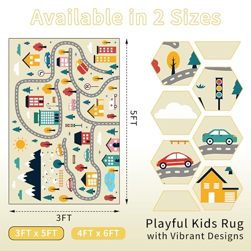 Enkor Kids Rugs, Non Slip 3' x 5' Road Playmat Carpet for Children, City Map Rugs for Playroom Bedroom Living Room Beige