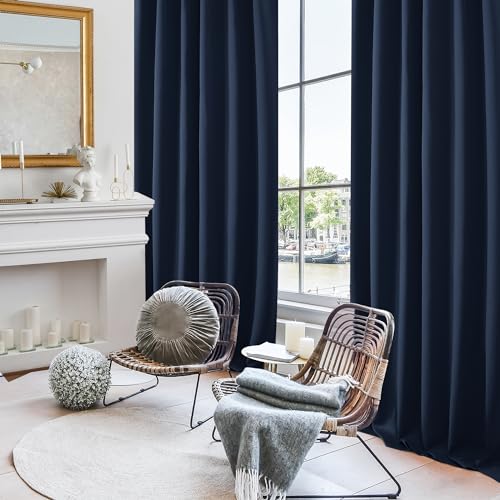 Deconovo Solid Back Tab and Rod Pocket Curtains Blackout Curtains Thermal Insulated Drapes Room Darkening Curtains for Living Room 52Wx84L Inch Navy Blue 2 Panels