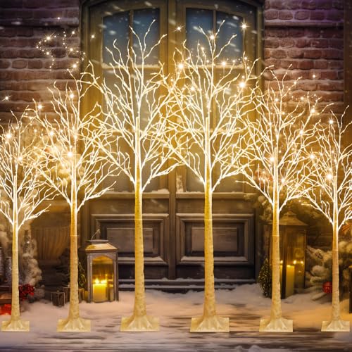 Aurelema 6 Pcs Lighted Birch Tree 8 Modes Christmas Artificial LED Lights Birch Tree for Indoor and Outdoor Home Decor Thanksgiving Christmas Holiday Decoration (4ft 5ft 6ft,Warm White)
