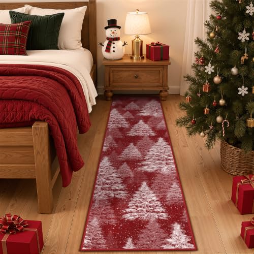 Christmas Runner Rug 2x8 for Hallway, Washable Soft Kitchen Rug Red