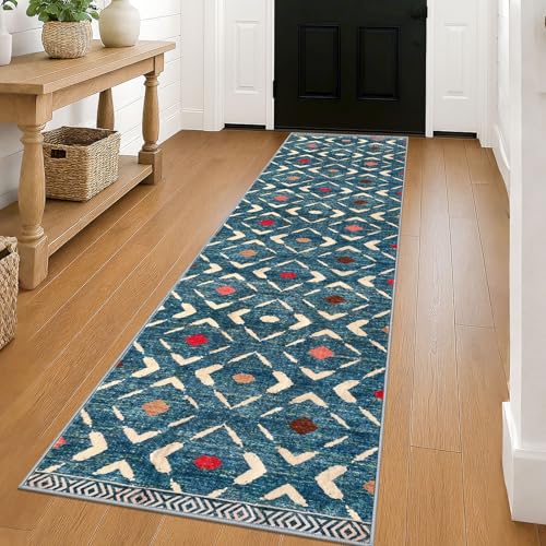Hallway Runners 2x8 ft Washable Runner Rug Non Slip, Teal/Blue