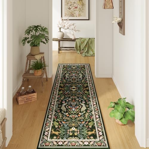 Rugcomf Runner Rug 2x6 Floral Washable Non Slip, Emerald Green