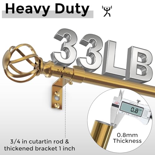VOIIY Gold Curtain Rod 36-88 Inch, Brushed Brass Decorative Curtain Rods for Windows with Twisted Cage Finials, 3/4" Adjustable Heavy Duty Window Treatment Rods for Living Room, Bedroom, Kitchen