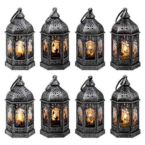 5" Mini Lanterns with Halloween Pattern Glass & Flickering LED Candles for Halloween Decorations, Small Lantern Decorative for Table Centerpiece Party Decor, 8Pack, Hanging Candle Holder Ornaments