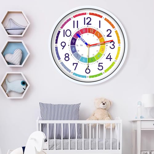 Kid's Wall Clock 12 Inch Silent Wall Clock for Kids Learning Time, Silent Non-Ticking Quartz Decorative Wall Clock for Teacher's Classrooms Or Children's Bedrooms