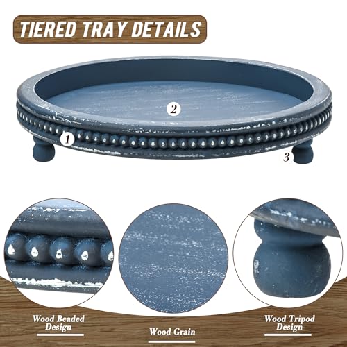 Handmade 12 Inch Decorative Tray, Small Beaded Tray Coffee Table Decor, Blue Decorative Display Risers for Coffee Table, Dining Room Entryway and Living Room