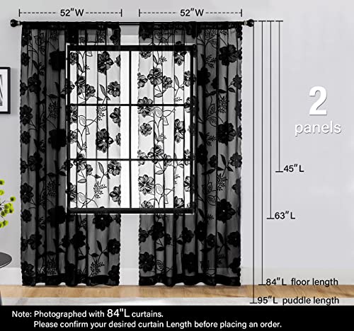 Treatmentex Black Sheer Lace Curtains for Bedroom Living Room Studio 84inch Long Vintage Rose Floral Embroidered Semi Sheer Curtain Panels Privacy Leaf Sheer Drapes with Scalloped Edge 54" w 2pcs 7ft