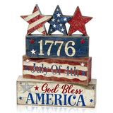 4th of July Table Decorations Patriotic Memorial Day Tiered Tray Decor Wooden Star Block Signs Independence Farmhouse 250th July Fouth Centerpiece for Tables Wooden Sign for Home Decor