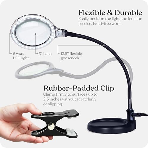 Brightech LightView Pro Flex 2 in 1 Magnifying Desk Lamp, 2.25x Light Magnifier, Adjustable Gooseneck Magnifying Glass with Light for Crafts, Reading, Close Work