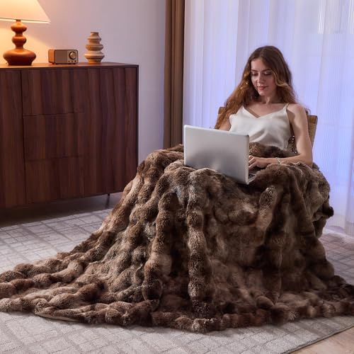Lotus Karen Faux Fur Throw Blanket Tie-Dye Dark Coffee-Big Bubble Rabbit Fluff Blanket for Couch,Small Fluffy Fuzzy Cozy Blanket,Thick Furry Plush Shaggy Blankets,50x60 Inches