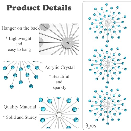 DXYAKY Set of 3 Blue Metal Starburst Wall Art Decor, Rhinestone Crystal Home Decor Accents, 9.8 Inch Decorative Wall Hanging Diamond, Jeweled Sparkle Wall Sculptures for Living Room Bedroom