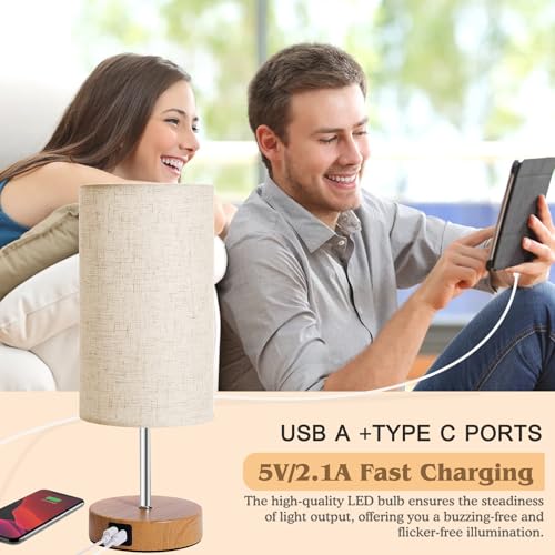 Touch Control Bedside Table Lamp with USB-C Charging Ports, 4-Way Dimmable Nightstand Lamp with Wood Base & Fabric Shade for Bedroom Living Room