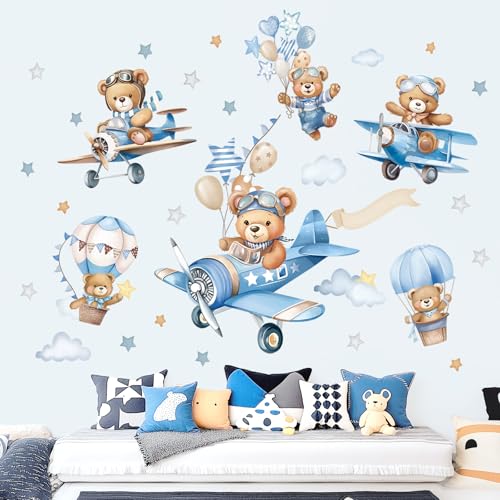 wondever Airplane Animals Bears Wall Stickers Hot Air Balloon Bears Cloud Peel and Stick Wall Art Decals for Baby Nursery Kids Bedroom Toddler Room