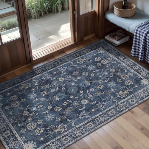 Tangsoo 2x4 Washable Runner Rug for Entryway,Vintage Blue Floral Entry Rug