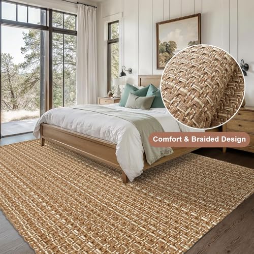 Tan Brown Faux Jute Area Rug 5x7 ft,Braided Solid Rubber Backed Indoor Rug