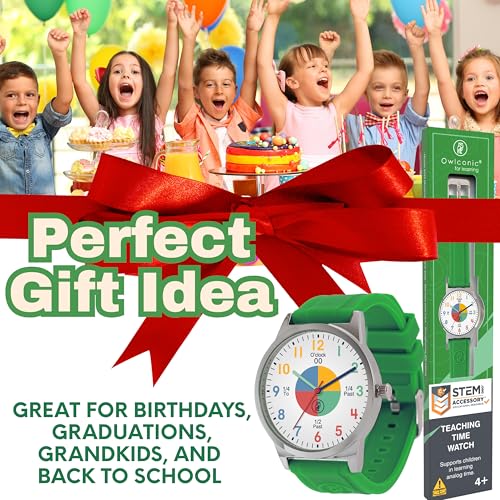 OWLCONIC Telling Time Teaching Clock - Bundled with Kids Watch. Learn to Tell Time Resources. Bright Shamrock Green