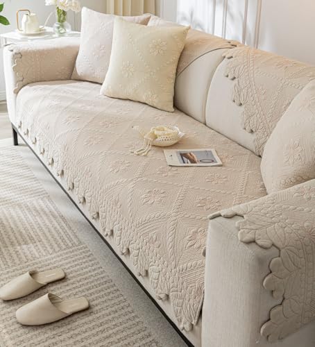 Cotton Quilted Dog Couch Cover for Sofa Farmhouse Rustic Embroidery Sectional Couch Cover Soft Anti-Slip Sofa Slipcover Furniture Protector for Kids, Pets (Khaki,28"x28")