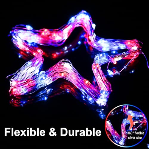 4th of July Patriotic Decorations, Red White Blue Fairy String Lights, Battery Operated with Timer, 2 Pack Total 33FT 100 Led Mini Battery Powered Mason Jar Firefly Lights DIY Party Memorial Day