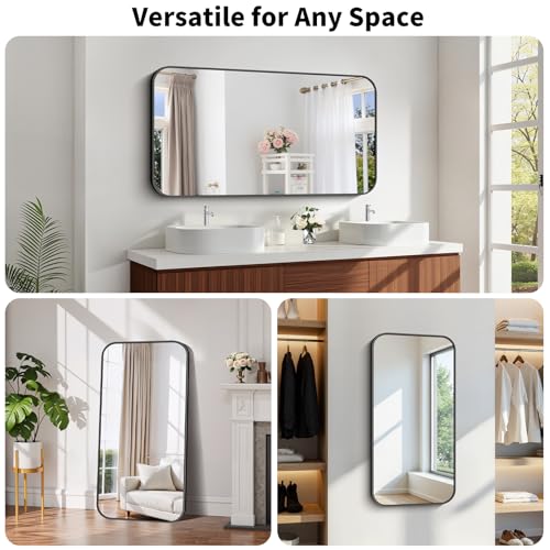 Koonmi Black Framed Bathroom Mirror - 24x48 Inch Shatterproof Tempered Glass Vanity Mirror for Bathroom Sink, Wall Mounted with Matte Aluminum Alloy Frame, No Distortion, Modern Decor