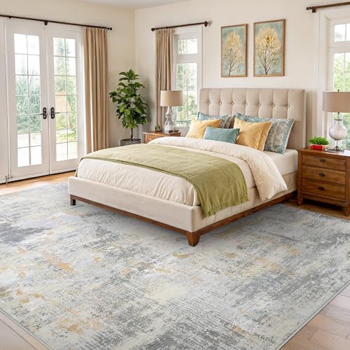 AMADA Washable 8'x10' Abstract Area Rug for Living Room Beige