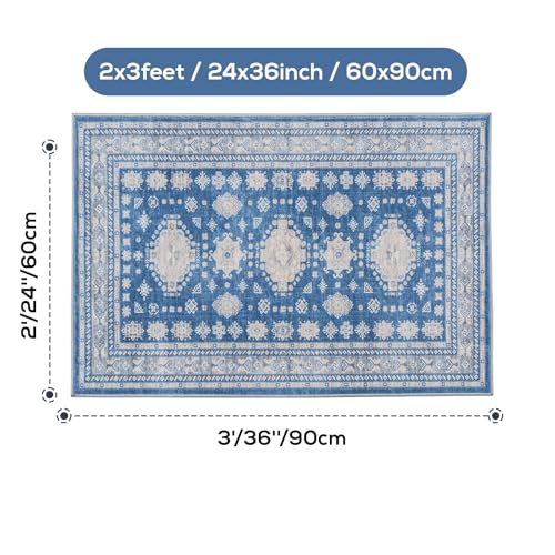 2x3 Door Mat Washable Boho Non Slip Small Throw Rug for Entrance, Blue