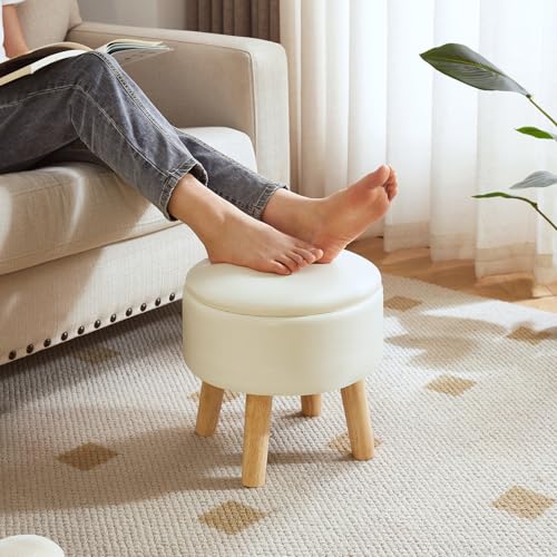 IBUYKE Small Foot Stool Ottoman with Storage, Round, Beige