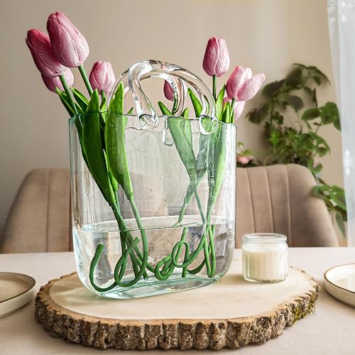OLEEK Purse vases for Flowers (Handmade) Glass Bag vase -10 Inches- Blue for centerpieces & Fish Bowl - Handbag Unique Flower vase Decorative - Glass Handbag vases for Cute Room Decor