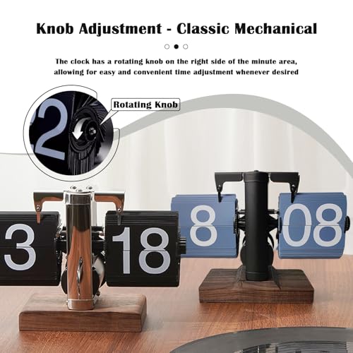 VBESTLIFE Retro Digital Flip Down Clock, Battery Powered Internal Gear Operated Clock, Classic Mechanical, Black Walnut Base, for Home & Office Decor(Black)