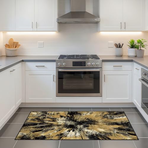2x4 Runner Rug Washable Entryway: Non Slip Abstract Carpet Black Gold