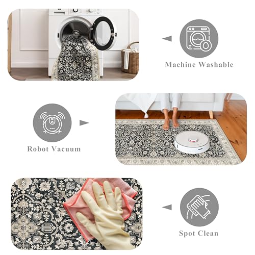 Small Washable Runner Rugs for Entryway: Kitchen Mats Vintage Throw Carpet 2x4 Black Beige - Non-Slip Stain and Water Resistant Soft Low-Pile Thin Rug for Hallway Bathroom Bedroom