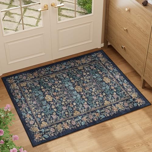 2x3 Entryway Rug, Washable Vintage Floral Area Rug, Dark Blue