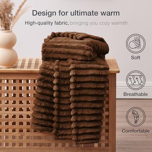 EXQ Home Fleece Throw Blanket for Couch or Bed - 3D Stripe Jacquard Decorative Blankets - 280GSM Cozy Soft Lightweight Fuzzy Flannel Blanket Suitable for All Seasons(50"×60",Brown)