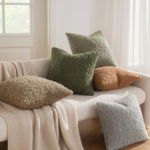 MIULEE Decorative Faux Fur Pillow Covers Sherpa 20x20 Olive Green