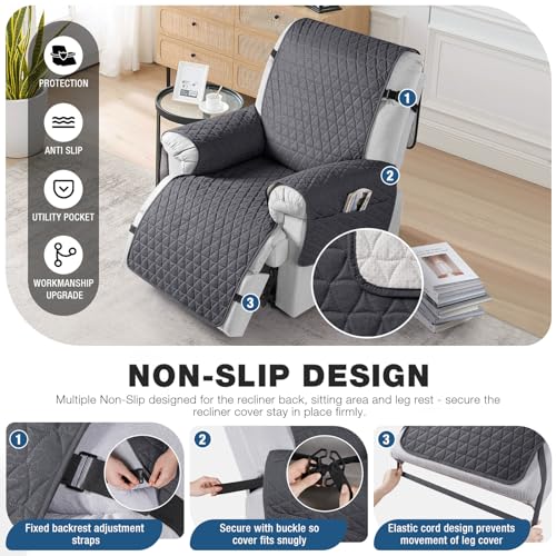 TAOCOCO 100% Waterproof Recliner Chair Covers, Non Slip Recliner Covers that Stay in Place, One-Piece Washable Reclining Chair Cover with Elastic Straps, Black Grey, Fits 22" Seat Width